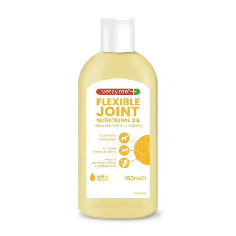 A clear plastic bottle with white cap contains 150ml pale yellow vetzyme flexible joint nutritional oil for dogs