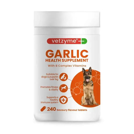 White vetzyme garlic health supplement container with orange green branding for dogs includes b-complex