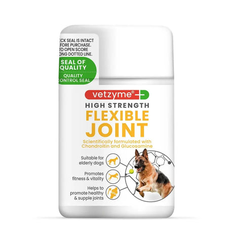 White plastic bottle of vetzyme high strength flexible joint supplement for dogs with green quality seal and german shepherd image