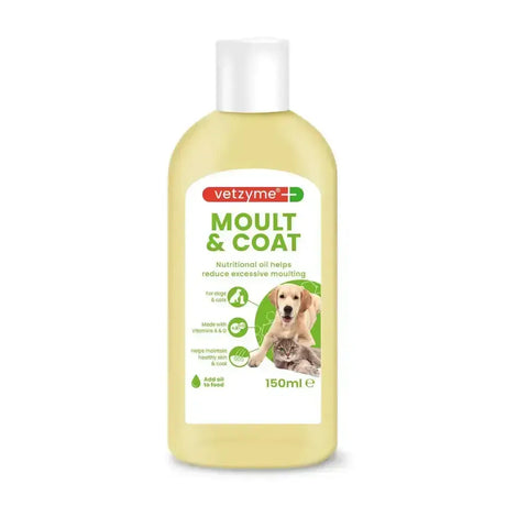 A clear plastic bottle with white cap containing pale yellow vetzyme moult oil to reduce excessive moulting in pets