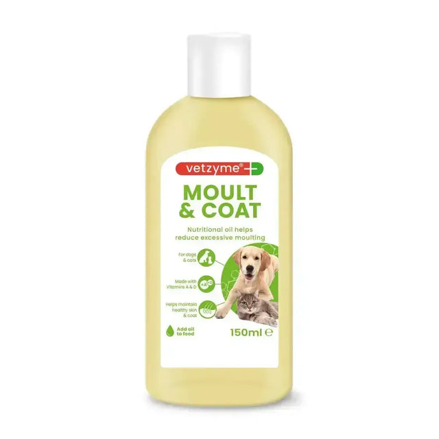 A clear plastic bottle with white cap containing pale yellow vetzyme moult oil to reduce excessive moulting in pets