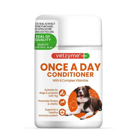 White plastic bottle of vetzyme once a day conditioner for dogs with b complex vitamins supports kidney health