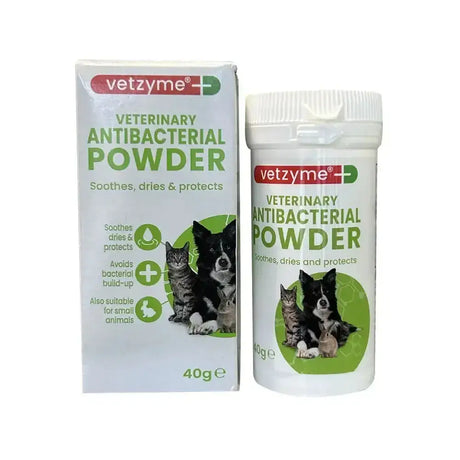 White plastic container of vetzyme veterinary antibacterial powder with green label for cats and dogs use