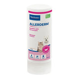 White cylindrical bottle of virbac allerderm sensitive shampoo with pink and blue label featuring cat and dog images