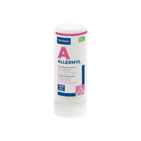 White cylindrical bottle of virbac allermyl shampoo with pink and blue label 250ml soothing shampoo for sensitive skin