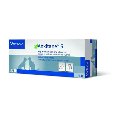 Blue and white rectangular box of virbac anxitane tasty tablets to reduce anxiety in dogs under 10 kg
