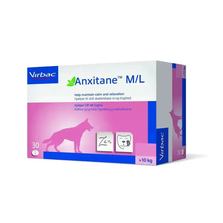 Pink and blue cardboard box of virbac anxitane tasty tablet with natural ingredient for dogs over 10 kg