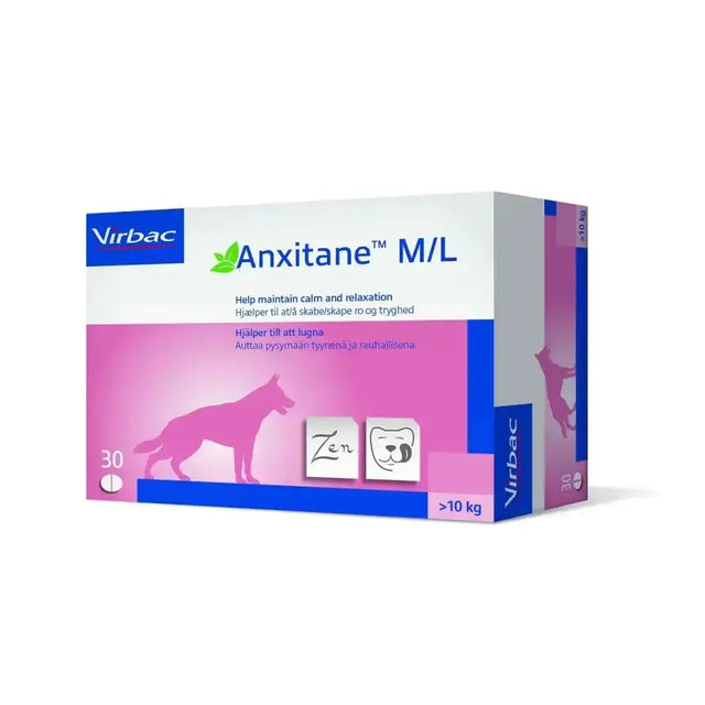 Pink and blue cardboard box of virbac anxitane tasty tablet with natural ingredient for dogs over 10 kg