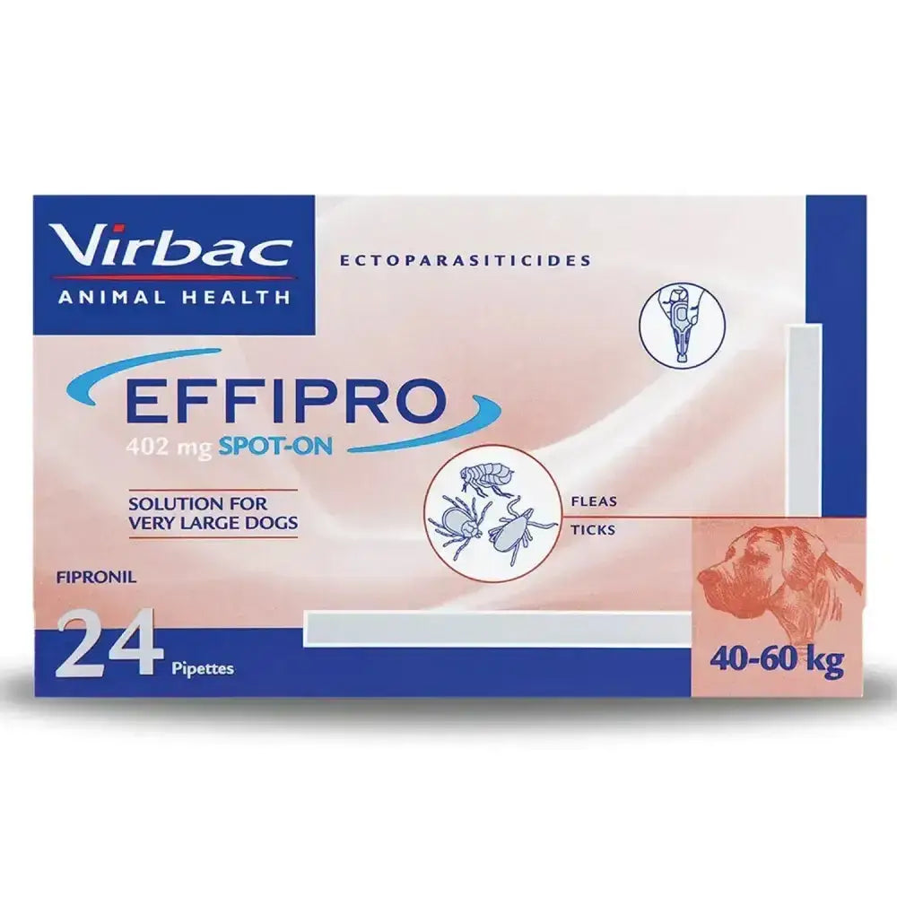 Virbac effipro spot on pipettes for extra large dogs 40-60kg in blue and pink box with fleas and ticks illustration