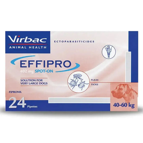 Virbac effipro spot on pipettes for extra large dogs 40-60kg in blue and pink box with fleas and ticks illustration