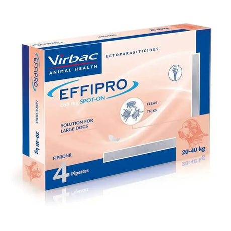 Virbac effipro spot on pipette box for large dogs 20-40kg with peach blue design and flea tick illustrations