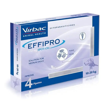 Blue and white box of virbac effipro spot on flea and tick solution for dogs 10-20kg medium size