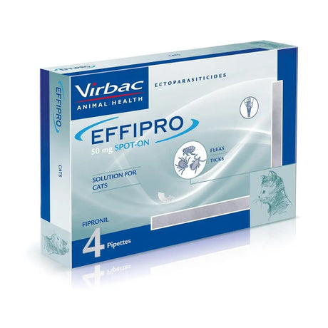 Virbac effipro spot for cats in a blue and white box with four pipettes for flea and tick treatment