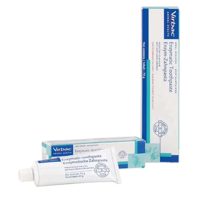 Virbac Enzymatic Toothpaste for pets, featuring dual-enzyme formula and fish flavor