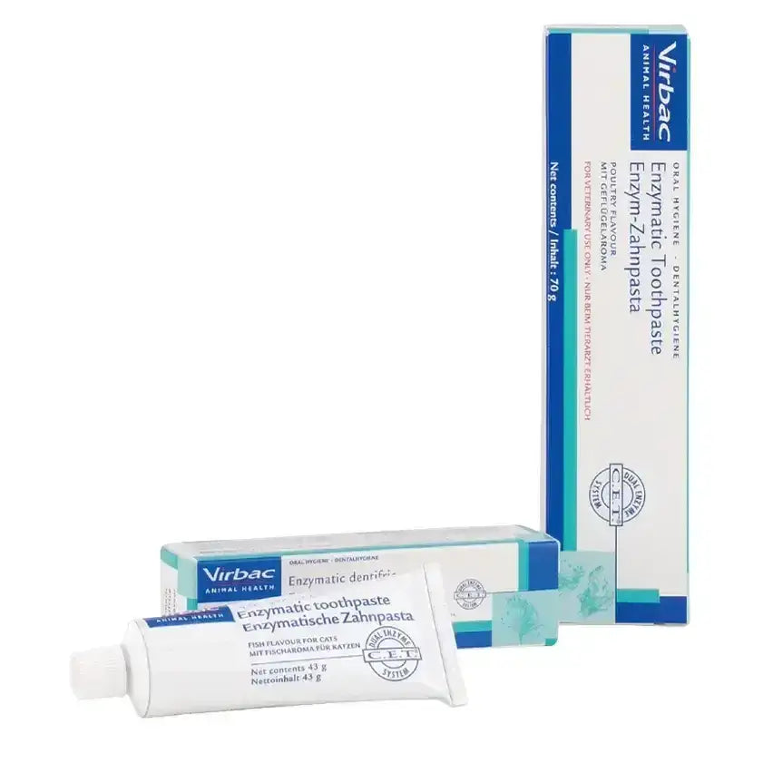 White tube of virbac enzymatic toothpaste with blue and green text and red sale sticker for cats fish flavoured toothpaste