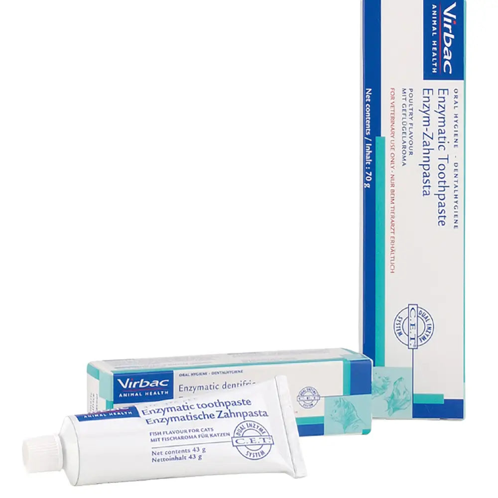 White tube of virbac enzymatic toothpaste for cats with blue and teal branding fish flavoured enzymatic toothpaste dual-enzyme