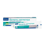 Virbac enzymatic toothpaste in white tube with teal and blue accents featuring poultry flavor for pet dental care