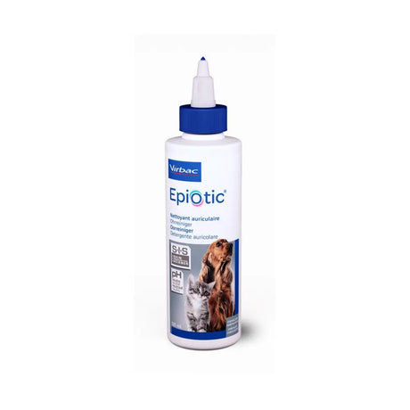 White plastic bottle with blue cap and virbac epiotic ear cleaner label for routine anti-yeast ear cleaning