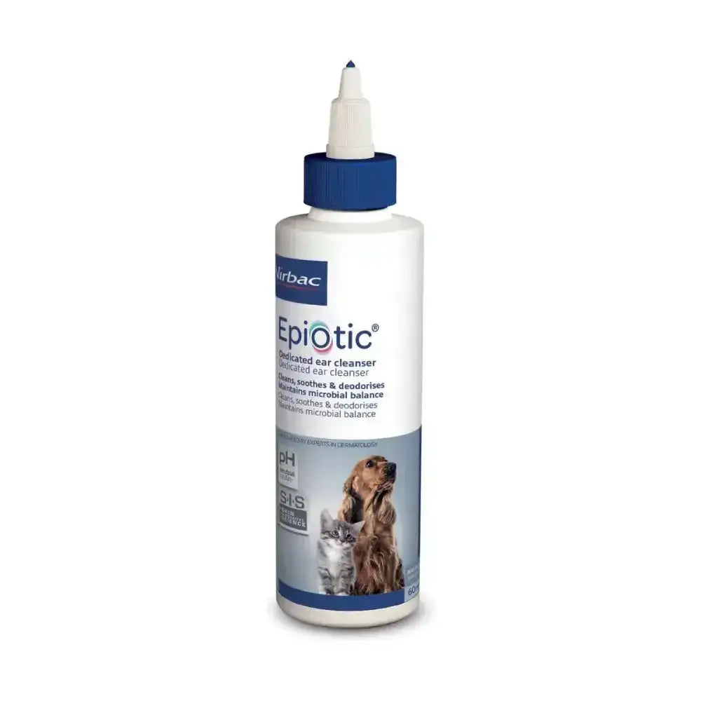 White plastic bottle with blue cap labeled virbac epiotic ear cleaner for routine anti-yeast ear cleaning for pets