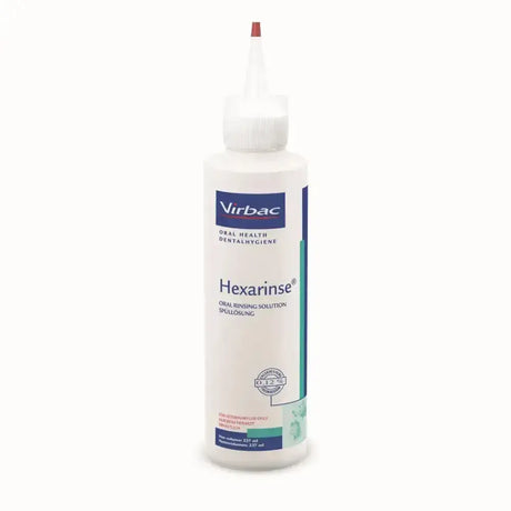 White plastic bottle of virbac hexarinse mouthwash oral rinsing solution with white nozzle and red tip for easy use
