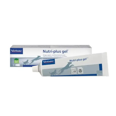 White and blue tube of virbac nutri plus multivitamin mineral gel with easily digestible components for pets