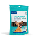 Packaged virbac veggiedent fr3sh chews for dogs in teal and white with a smiling brown chihuahua on front