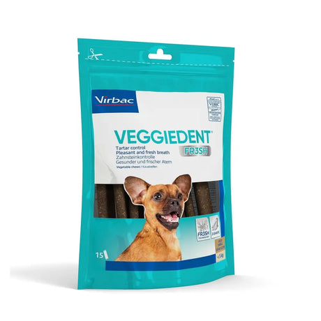 Packaged virbac veggiedent fr3sh chews for dogs in teal and white with a smiling brown chihuahua on front