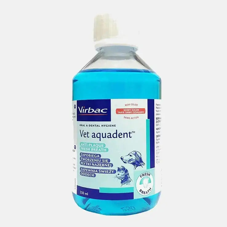 Bottle of Virbac Vet Aquadent oral hygiene solution, an anti-plaque agent for pets