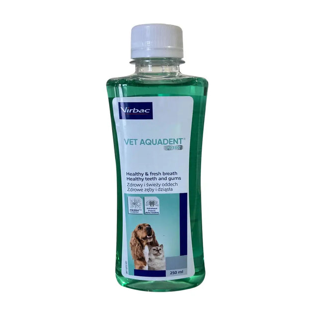 Green liquid pet dental rinse in clear plastic bottle with white cap and virbac vet aquadent label for anti-plaque care