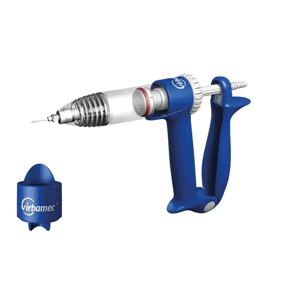 Blue virbamec pistolet fixed dose easy-grip injector with clear barrel and metallic needle for veterinary use