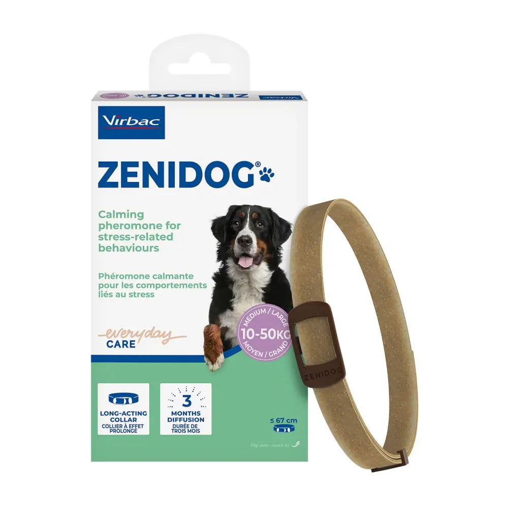 Tan virbac zenidog calming collar with adjustable strap and brown buckle for medium to large dogs lasting three months