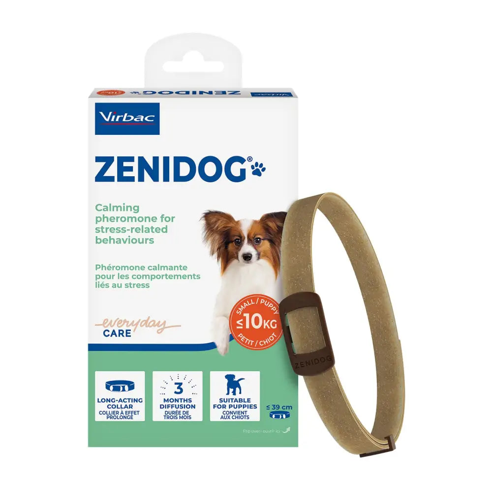 Tan soft textured virbac zenidog calming collar for dogs with brown buckle and zenidog branding for three months use