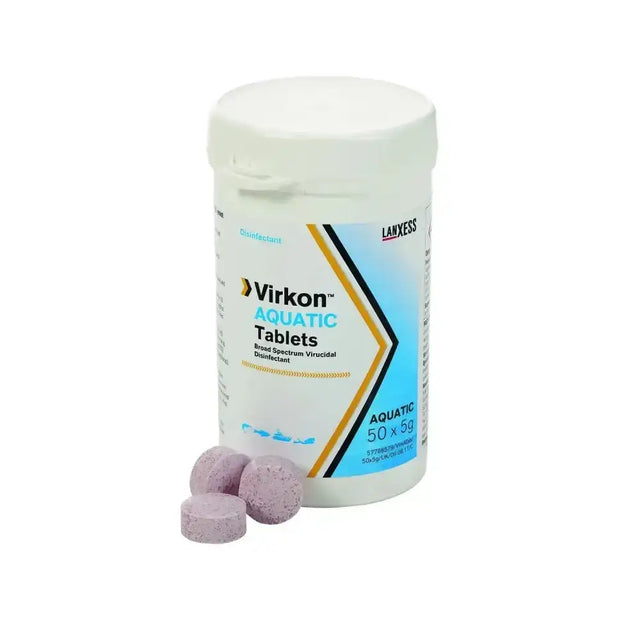 White cylindrical container of virkon aquatic tablets with blue and yellow label holding 50 tablets for aquatic environment use