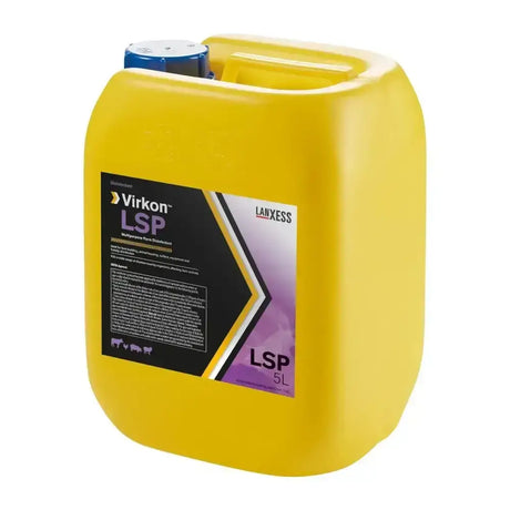 Bright yellow virkon lsp multi-purpose jerrycan with blue cap and black purple label, broad-spectrum phenolic farm disinfectant