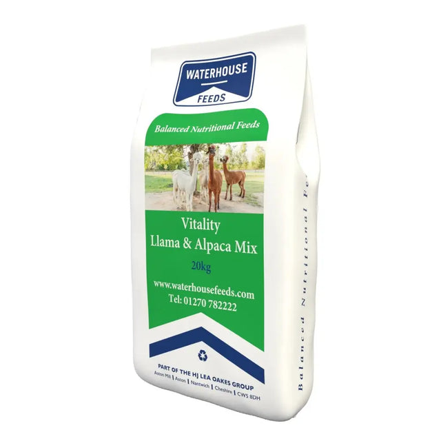 White and green bag of vitality llama and alpaca mix 20 kg feed for equestrian use