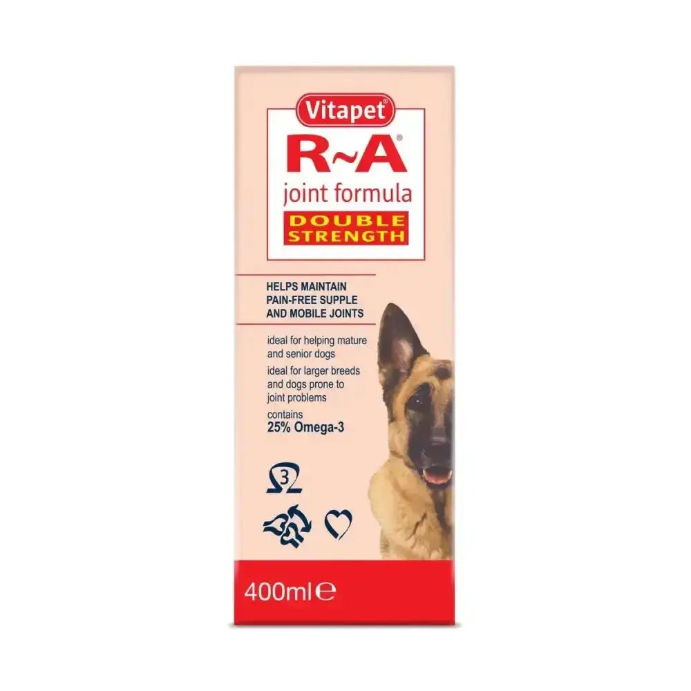 Vitapet double strength r-a formula joint supplement 400ml bottle with pink and red packaging and german shepherd image