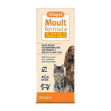 Vitapet moult formula coat conditioner 150ml bottle with orange beige label featuring cat and dog for healthy glossy coat