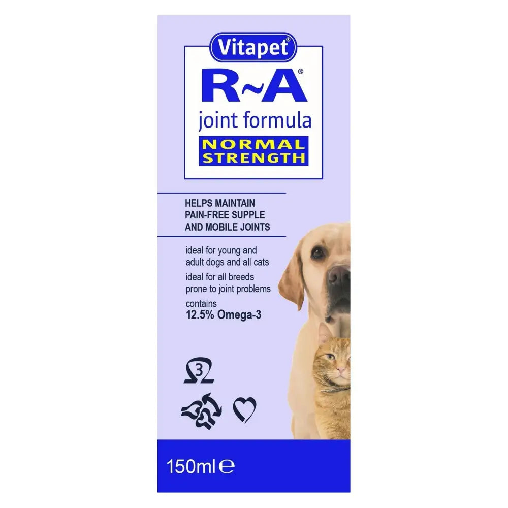 Vitapet r-a joint formula 150ml bottle with lavender blue packaging for formula joint mobility in dogs and cats