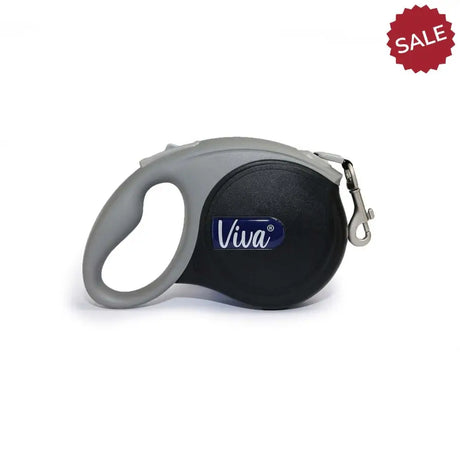 Black and gray viva retractable 5m lead with textured grip handle and metallic clasp for equestrian use
