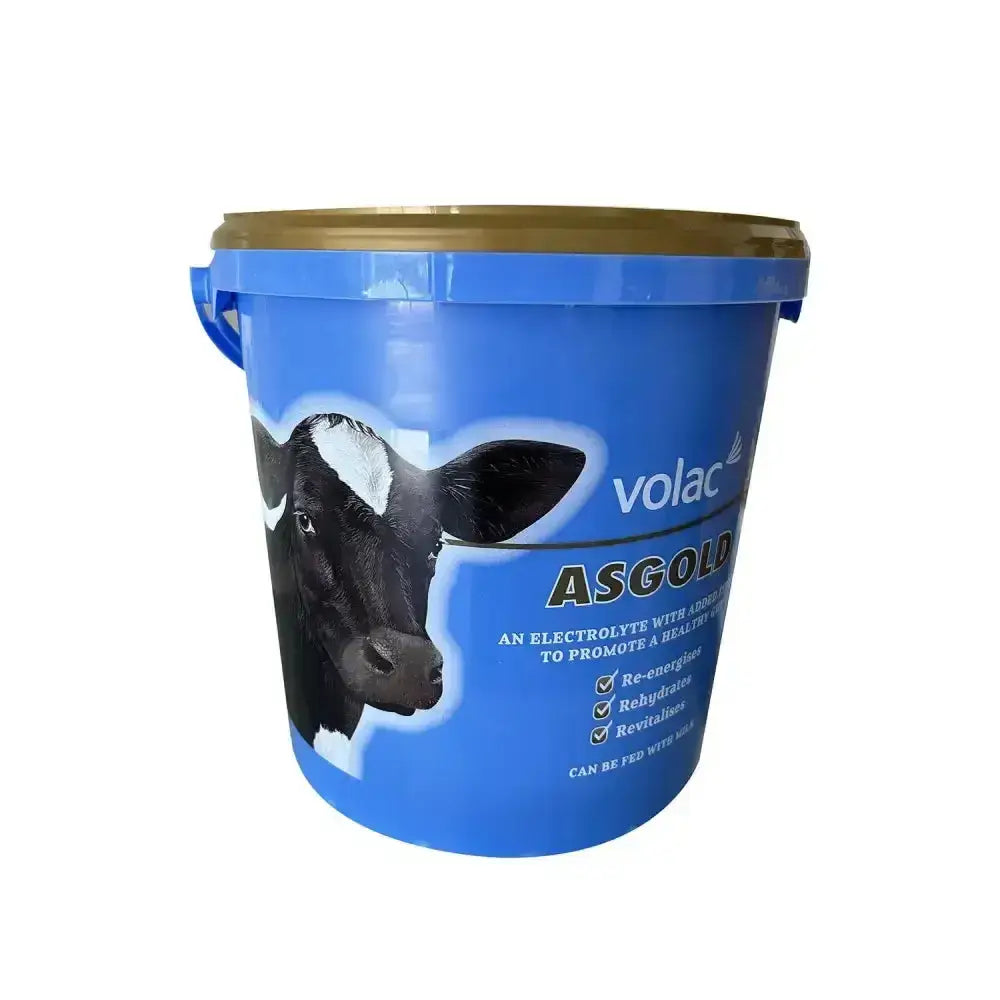 Blue plastic bucket with gold lid and cow graphic labeled volac asgold electrolyte supplement for cattle supplements