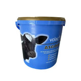 Blue plastic bucket with gold lid and cow graphic labeled volac asgold electrolyte supplement for cattle supplements