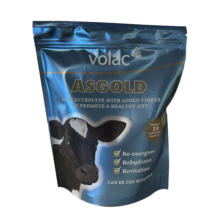 Blue metallic pouch of volac asgold calf electrolyte supplement with added fibres for cattle supplements and electrolyte balance