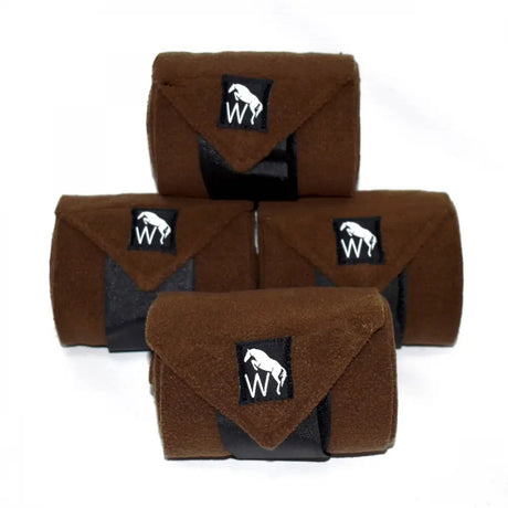 Brown suede lpw01 fleece bandages with black elastic band and white logo patch for horse leg support