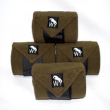 Olive green lpw01 fleece bandages with black elastic band and white logo patch for horse leg protection