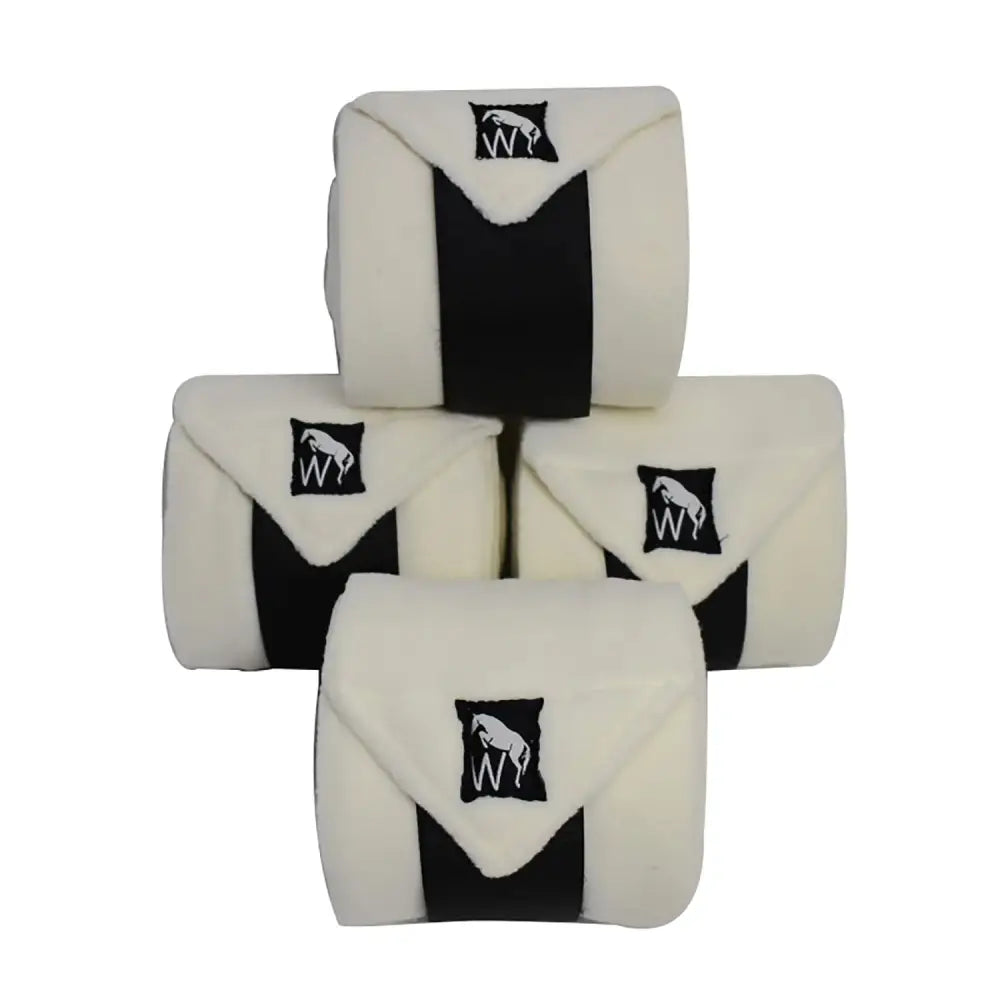 Cream-colored lpw01 fleece bandages with black stripes and embroidered logos perfect for horse leg protection