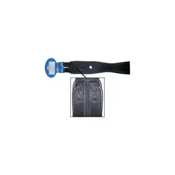 Black woven mesh support belt with blue tag showcasing breathable synthetic waffle cushion elasticated girths design