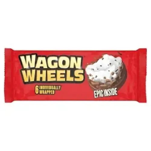 Red wagon wheels 6 pack candy bars with cartoon chocolate cookie featuring white frosting and dark specks for horse lovers