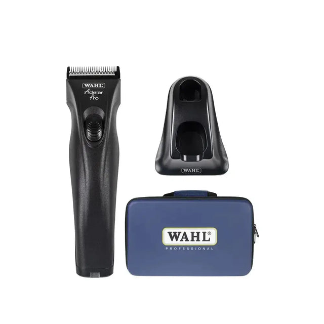 Black wahl adelar pro horse trimmer with matching charging stand and blue carrying case for easy grooming