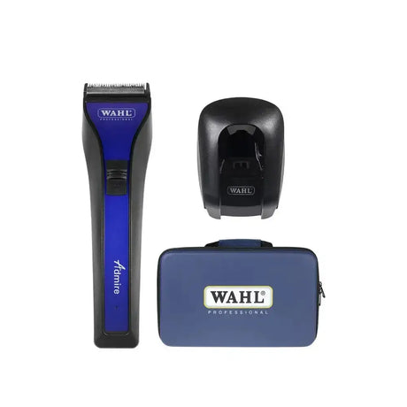 Blue and black wahl admire equine trimmer with charging station and carrying case for professional equine grooming