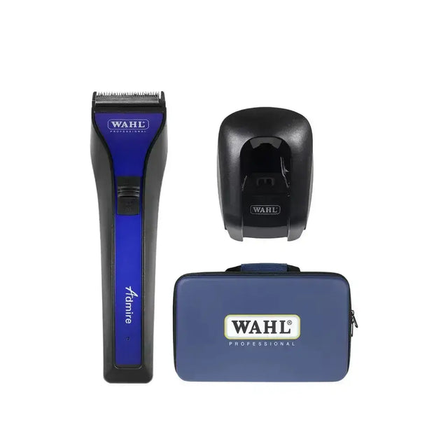 Blue and black wahl admire equine trimmer with charging station and carrying case for professional equine grooming